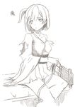  bangs bare_legs breasts flight_deck hiryuu_(kantai_collection) japanese_clothes kantai_collection kimono long_sleeves lynchis medium_breasts monochrome one_side_up short_hair short_kimono sitting sketch solo squiggle torn_clothes torn_kimono torn_sleeve wide_sleeves 