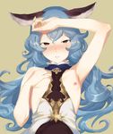  animal_ears areolae arm_at_side armpits blue_hair blush breasts breasts_outside brown_hair bunny_ears erune ferry_(granblue_fantasy) flat_chest granblue_fantasy hand_on_forehead lips long_hair looking_at_viewer nipples parted_lips solo sunao_(souis) upper_body very_long_hair wavy_hair 