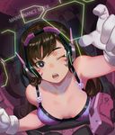  bangs bare_shoulders bikini breasts brown_eyes brown_hair collarbone commentary d.va_(overwatch) downblouse facepaint facial_mark gloves headphones highres long_hair medium_breasts one_eye_closed open_mouth overwatch salmon88 solo swept_bangs swimsuit whisker_markings white_gloves 