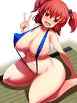  breasts doku_corne hair_bobbles hair_ornament highres huge_breasts navel onozuka_komachi open_mouth red_eyes red_hair seiza sitting slingshot solo sweat tatami thick_thighs thighs touhou two_side_up v 