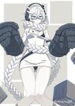  absurdly_long_hair ass_visible_through_thighs black-framed_eyewear black_panties blue_eyes braid breasts commentary_request crate dress feet_out_of_frame gauntlets glasses hair_scarf headphones kantai_collection knees_together_feet_apart long_hair medium_breasts minarai panties power_fist shinkaisei-kan single_braid solo supply_depot_hime thigh_gap thighs twitter_username underwear very_long_hair white_hair white_skin 