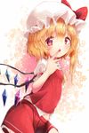  akisha ascot bad_id bad_pixiv_id blonde_hair bow flandre_scarlet hat hat_bow highres lying mob_cap open_mouth red_eyes side_ponytail solo sparkle touhou wings 
