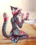  4_toes anthro bare_back bare_shoulders blue_pawpads blue_spots breasts feline female fur gradient_hair hair imanika inner_ear_fluff kneeling licking mammal nude open_mouth pawpads pink_hair pink_pawpads side_boob spots spotted_fur toes tongue tongue_out white_fur white_hair wide_hips 