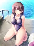  akatuti barefoot brown_eyes brown_hair competition_swimsuit highres kneeling one-piece_swimsuit original railing short_hair solo swimsuit water wet wet_clothes wet_swimsuit 