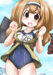  :d bangs blue_sky blush breasts brown_eyes cameltoe cloud collarbone covered_navel day hairband i-26_(kantai_collection) kantai_collection large_breasts light_brown_hair long_hair name_tag one-piece_swimsuit open_mouth ouno_(nounai_disintegration) outdoors sailor_collar school_swimsuit short_sleeves sky smile solo swimsuit swimsuit_under_clothes thigh_gap two-tone_hairband two_side_up wading water 