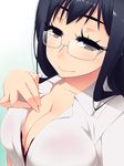  black_hair bra breasts brown_eyes cleavage commentary_request glasses hayashi_custom highres large_breasts long_hair original school_uniform solo underwear upper_body 