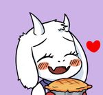  blush blush_stickers chibi closed_eyes eyelashes fangs food goat_girl gyate_gyate heart horns lowres monster open_mouth oven_mitts pie purple_background simple_background smile solo toriel undertale upper_body white_hair yaruky 