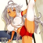  breasts buruma copyright_name crotch dark_skin groin_tendon gym_uniform kerberos_blade large_breasts leg_up long_hair looking_at_viewer lowres official_art red_eyes ryoji_(nomura_ryouji) silver_hair smile solo split standing standing_on_one_leg standing_split stretch sweat thighhighs white_legwear 