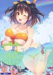  ;d absurdres ass_visible_through_thighs ball bare_legs barefoot beachball bikini black_hair bracelet breast_rest breasts brown_eyes cloud day fish flower_bracelet front-tie_bikini front-tie_top highres jewelry large_breasts matarou_(genkai_toppa) melonbooks navel one_eye_closed open_mouth orange_bikini outdoors partially_submerged rainbow scan side-tie_bikini smile solo swimsuit thigh_gap two_side_up 