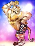 anthro armpits balls belly bulge clothed clothing disney feline fur kihu male mammal muscular simple_background smile solo stripes tiger zootopia 
