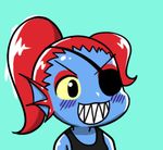  :3 :d aqua_background blue_skin blush chibi eyepatch eyeshadow gyate_gyate lowres makeup monster monster_girl open_mouth ponytail red_hair sharp_teeth simple_background smile solo tank_top teeth undertale undyne upper_body v-shaped_eyebrows yaruky yellow_sclera 