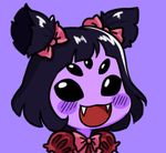 black_eyes black_hair blush_stickers bow chibi extra_eyes fangs gyate_gyate hair_bow insect_girl lowres monster monster_girl muffet open_mouth puffy_sleeves purple purple_background purple_skin short_twintails simple_background smile solo spider_girl twintails two_side_up undertale upper_body yaruky 