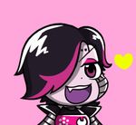  :3 :d android black_hair brown_eyes chibi eyelashes eyeshadow fang grey_skin gyate_gyate hair_over_one_eye heart looking_at_viewer lowres makeup male_focus mettaton mettaton_ex multicolored_hair open_mouth pink_background robot simple_background smile solo spoilers two-tone_hair undertale upper_body v-shaped_eyebrows yaruky 