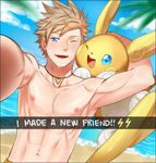  ;) alolan_form alolan_raichu beach blue_eyes blush cloud day jewelry male_focus navel necklace nipples ocean one_eye_closed outdoors palm_tree phone_screen pokemon pokemon_(creature) pokemon_(game) pokemon_go pokemon_sm raichu reaching_out sand self_shot shirtless sky smile snapchat spark_(pokemon) sweat tree upper_body water zhineart 