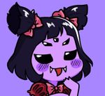  black_eyes black_hair blush_stickers bow chibi extra_eyes fangs gyate_gyate hair_bow hand_to_own_mouth insect_girl lowered_eyelids lowres monster monster_girl muffet puffy_sleeves purple purple_background purple_skin short_twintails simple_background smile solo spider_girl tongue tongue_out twintails two_side_up undertale upper_body yaruky 