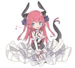  :d blade_(galaxist) blue_eyes detached_sleeves dragon_horns dragon_tail dress eighth_note elizabeth_bathory_(fate) elizabeth_bathory_(fate)_(all) fang fate/extra fate/extra_ccc fate_(series) horns long_hair musical_note open_mouth pink_hair simple_background sleeveless sleeveless_dress smile solo tail two_side_up white_background 