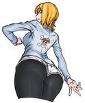  ass back bangs black_eyes black_legwear blue_shirt breasts chromatic_aberration colorfag colorized cowboy_shot cropped_legs derivative_work from_behind from_below fuse_ryuuta large_breasts long_sleeves looking_at_viewer looking_back nami_(one_piece) one_piece open_mouth orange_hair pantyhose shirt short_hair short_shorts shorts solo space_jin sweatdrop thick_thighs thighs third-party_edit wide_hips 