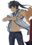 abs armpit_peek black_hair kuromukuro male_focus maodaisuke ouma_kennosuke_tokisada ponytail scar shirt solo sword weapon 