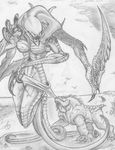  alien anthro avian beach bird black_and_white breasts claws clothed clothing daisy_(evolve) dandyass00 duo evolve_(copyright) eyeless female monochrome monster sand seaside spikes swimsuit teeth trapjaw video_games wraith_(evolve) 