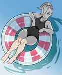  blonde_hair from_above hair_over_one_eye highres innertube looking_at_viewer mercy_(overwatch) one-piece_swimsuit overwatch reclining smile solo splashbrush swimsuit water 
