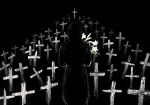  1other arknights back bad_guy black_background black_jacket doctor_(arknights) flower grave graveyard highres holding holding_flower hood hood_up hooded_jacket jacket 