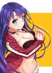  2016 absurdres bangs bikini black_bikini black_bikini_top blue_eyes blunt_bangs blush breasts choker cleavage closed_mouth collarbone cross dated earrings ears_visible_through_hair eyebrows eyebrows_visible_through_hair fate/grand_order fate_(series) frilled_skirt frills groin highres jacket jewelry large_breasts long_hair long_sleeves microskirt navel nekomicha open_clothes open_jacket own_hands_together pendant purple_hair red_jacket saint_martha saint_martha_(swimsuit_ruler)_(fate) skirt smile solo stomach swimsuit text_focus track_jacket translation_request two-tone_background upper_body very_long_hair white_skirt 
