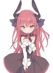  black_dress black_ribbon blade_(galaxist) blue_eyes blush cowboy_shot detached_sleeves dress elizabeth_bathory_(fate) elizabeth_bathory_(fate)_(all) fate/extra fate/extra_ccc fate_(series) finger_to_mouth frilled_sleeves frills hair_ribbon horns long_hair long_sleeves looking_at_viewer pointy_ears red_hair ribbon simple_background solo very_long_hair white_background wrist_cuffs 