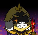  asgore_dreemurr beard blonde_hair chibi crown eyebrows facial_hair fangs frown glint gyate_gyate lowres male_focus monster polearm shaded_face solo spoilers trident undertale upper_body weapon white_hair yaruky 