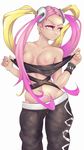  breasts dark_skin highres medium_breasts midriff multicolored_hair navel nipples pink_hair plumeri_(pokemon) pokemon pokemon_(game) pokemon_sm quad_tails sacrosim solo team_skull two-tone_hair undressing 