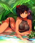  arm_support bare_legs bare_shoulders barefoot bikini black_bikini blush breasts cleavage collarbone flower hair_flower hair_ornament hibiscus highres konbu_wakame large_breasts long_hair looking_at_viewer lying on_side outdoors reflection shadow skin_tight solo swimsuit twintails water water_drop yellow_eyes 