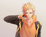  blonde_hair blue_eyes gloves grin holding holding_poke_ball jacket jewelry male_focus mmmaoh necklace open_clothes open_jacket orange_gloves poke_ball poke_ball_(generic) pokemon pokemon_go smile solo spark_(pokemon) twitter_username upper_body 