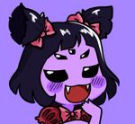  black_eyes black_hair blush_stickers bow chibi extra_eyes fangs gyate_gyate hair_bow hand_to_own_mouth insect_girl lowered_eyelids lowres monster monster_girl muffet open_mouth puffy_sleeves purple purple_background purple_skin short_twintails simple_background smile solo spider_girl twintails two_side_up undertale upper_body yaruky 