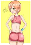  1girl alternate_costume ass bare_shoulders blush from_behind green_eyes hoshizora_rin looking_at_viewer looking_back love_live! love_live!_school_idol_project masa open_mouth orange_hair shiny shiny_clothes shiny_hair shiny_skin short_hair short_shorts shorts smile solo 