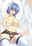  blue_eyes blue_hair blush breasts cameltoe feathered_wings flower gekato hair_flower hair_ornament highres large_breasts miniskirt navel nipples o-ring open_mouth original panties pointy_ears sitting skirt skirt_lift solo thighhighs underwear wariza white_wings wings 