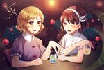  :d ;d alcohol backlighting blonde_hair blush brown_eyes brown_hair chair collared_shirt cup dateless_bar_&quot;old_adam&quot; dress drink drinking_glass drunk eyebrows eyebrows_visible_through_hair frilled_sleeves frills hair_ribbon hairband holding kaede_(mmkeyy) liquid maribel_hearn multiple_girls one_eye_closed open_mouth puffy_short_sleeves puffy_sleeves purple_dress red_ribbon ribbon ribbon-trimmed_collar ribbon_trim shirt short_sleeves sitting smile table touhou upper_body usami_renko wavy_hair white_ribbon wing_collar 
