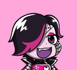  :3 :d android black_hair brown_eyes chibi eyelashes eyeshadow fang grey_skin gyate_gyate hair_over_one_eye looking_at_viewer lowres makeup male_focus mettaton mettaton_ex multicolored_hair open_mouth pink_background robot simple_background smile solo spoilers two-tone_hair undertale upper_body v-shaped_eyebrows yaruky 