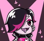  :3 :d android black_hair brown_eyes chibi eyelashes eyeshadow fang grey_skin gyate_gyate hair_over_one_eye looking_at_viewer lowres makeup male_focus mettaton mettaton_ex multicolored_hair open_mouth pink_background purple_tongue robot smile solo sparkle spoilers spotlight tongue tongue_out two-tone_hair undertale upper_body v-shaped_eyebrows yaruky 