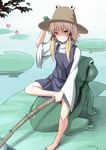  adjusting_clothes adjusting_hat artist_name barefoot blonde_hair blue_skirt blue_vest blush closed_mouth commentary_request dated fishing fishing_rod frog full_body hair_ribbon hat lily_pad long_sleeves looking_at_viewer moriya_suwako red_ribbon ribbon shaded_face shiseki_hirame sidelocks sitting sitting_on_animal skirt skirt_set solo touhou tress_ribbon vest wide_sleeves yellow_eyes 