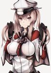  anchor bad_id bad_pixiv_id black_gloves black_neckwear black_ribbon blonde_hair blush breasts cape closed_mouth gloves graf_zeppelin_(kantai_collection) hair_between_eyes hat inaba_sunimi iron_cross kantai_collection large_breasts long_hair long_sleeves looking_at_viewer mini_necktie necktie peaked_cap playing_with_own_hair purple_eyes ribbon shirt sidelocks simple_background solo twintails underbust upper_body white_background white_cape white_hat white_shirt 
