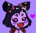  black_eyes black_hair blush_stickers bow chibi extra_eyes fangs gyate_gyate hair_bow hands_on_own_chest heart heart-shaped_pupils insect_girl lowered_eyelids lowres monster monster_girl muffet open_mouth puffy_sleeves purple purple_background purple_skin short_twintails simple_background smile solo spider_girl symbol-shaped_pupils twintails two_side_up undertale upper_body yaruky 