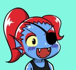  :3 :d aqua_background blue_skin blush chibi eyepatch eyeshadow fangs gyate_gyate lowres makeup monster monster_girl open_mouth ponytail red_hair simple_background smile solo tank_top undertale undyne upper_body v-shaped_eyebrows yaruky yellow_sclera 