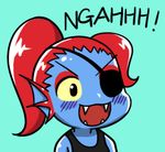  :3 :d aqua_background blue_skin blush chibi english eyepatch eyeshadow fangs gyate_gyate lowres makeup monster monster_girl open_mouth ponytail red_hair simple_background smile solo tank_top undertale undyne upper_body v-shaped_eyebrows yaruky yellow_sclera 