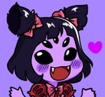  black_eyes black_hair blush_stickers bow chibi extra_eyes fangs gyate_gyate hair_bow hands heart insect_girl lowres monster monster_girl muffet open_mouth puffy_sleeves purple purple_background purple_skin short_twintails simple_background smile solo spider_girl twintails two_side_up undertale upper_body yaruky 