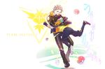  blonde_hair fingerless_gloves gloves highres hood hoodie hug jacket leg_up male_focus male_protagonist_(pokemon_go) multiple_boys one_eye_closed open_clothes open_jacket orange_gloves poke_ball pokemon pokemon_go spark_(pokemon) team_instinct visor_cap yoshimi 