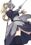  :o armor armored_dress black_legwear black_ribbon blonde_hair braid breasts capelet chain commentary_request cowboy_shot dual_wielding fate/apocrypha fate_(series) flag gauntlets hair_ribbon headpiece holding holding_sword holding_weapon jeanne_d'arc_(fate) jeanne_d'arc_(fate)_(all) large_breasts long_hair looking_at_viewer panties pantyshot pantyshot_(standing) parted_lips purple_eyes ribbon shiseki_hirame single_braid solo standing sword thighhighs tsurime underwear v-shaped_eyebrows weapon white_background white_panties 