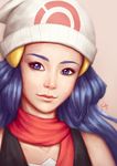  artist_name artstation_sample bare_shoulders beanie beige_background black_shirt blue_eyes blue_hair closed_mouth eyebrows eyebrows_visible_through_hair hat highres hikari_(pokemon) image_sample long_hair looking_at_viewer pink_lips pokemon pokemon_(game) pokemon_dppt poppyminty portrait realistic red_scarf scarf shirt signature simple_background sleeveless solo tank_top upper_body white_hat 