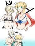  3girls adapted_costume adjusting_clothes adjusting_swimsuit ahoge artoria_pendragon_(all) artoria_pendragon_(lancer) artoria_pendragon_(lancer_alter) bedivere bikini blonde_hair breast_envy breasts cleavage dressing_another fate/grand_order fate_(series) green_eyes hair_ribbon jacket jacket_on_shoulders jaku_711 large_breasts multiple_girls multiple_persona navel ribbon saber sweatdrop swimsuit tearing_up underboob yellow_eyes 