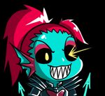  :d aqua_skin armor black_background black_sclera chibi eyeshadow glint glowing glowing_eye grin gyate_gyate lowres makeup no_humans open_mouth polearm ponytail red_hair sharp_teeth simple_background smile solo spear spoilers teeth undertale undyne undyne_the_undying upper_body v-shaped_eyebrows weapon yaruky yellow_eyes 