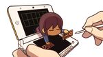  =_= androgynous brown_hair fourth_wall frisk_(undertale) handheld_game_console nintendo_3ds shirt simple_background solo ssalbulre striped striped_shirt stylus through_screen undertale white_background 