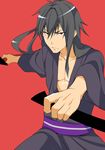  black_hair japanese_clothes kimono kuromukuro male_focus maodaisuke obi ouma_kennosuke_tokisada red_eyes sash scar sheath solo sword weapon 
